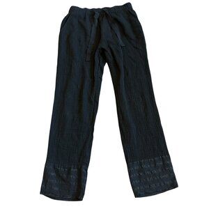 Raquel Allegra Black Gauze Pull-On Pants Contrast Trim Wide Leg Size 2 Large